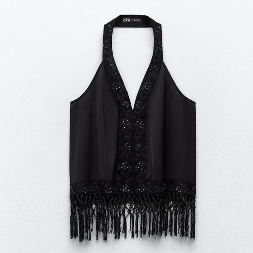 Zara Elegant Black Fringe Halter Top